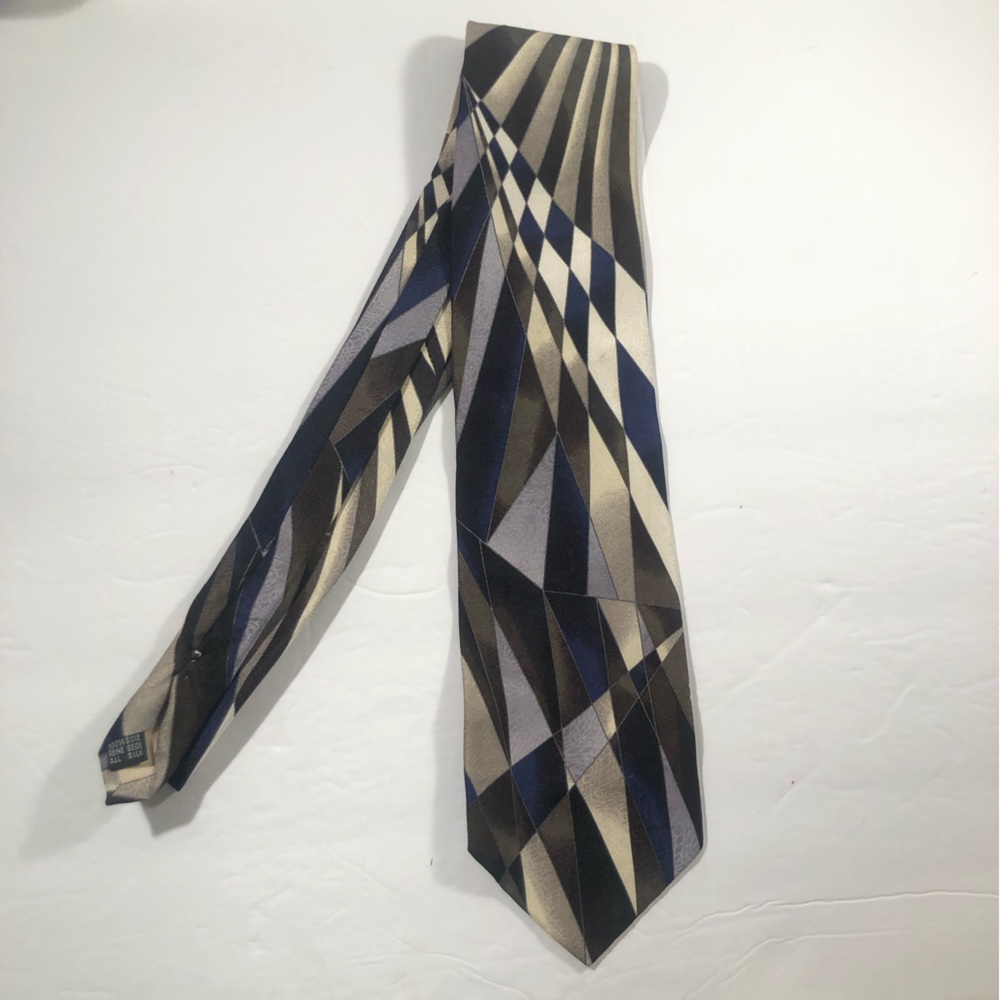 Geometric Patterned Italian Silk Hand Made Tie - Black,Blue,Tan By Fratelli